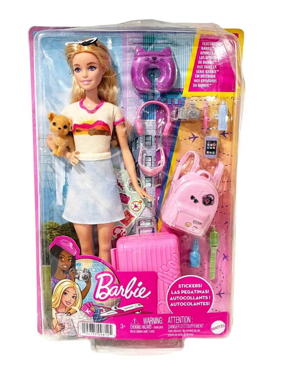 Barbie Doll Malibu Travel Set with Puppy and 10+ Pieces Working Suitcase NEW